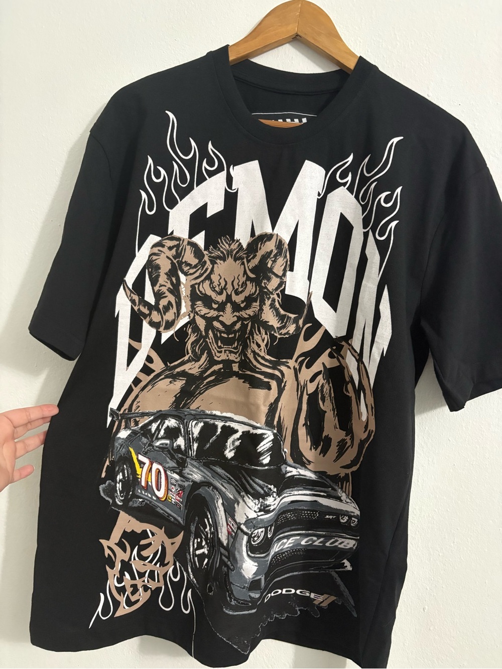 Reason Black Tee with Beige & White Demon Car Graphic